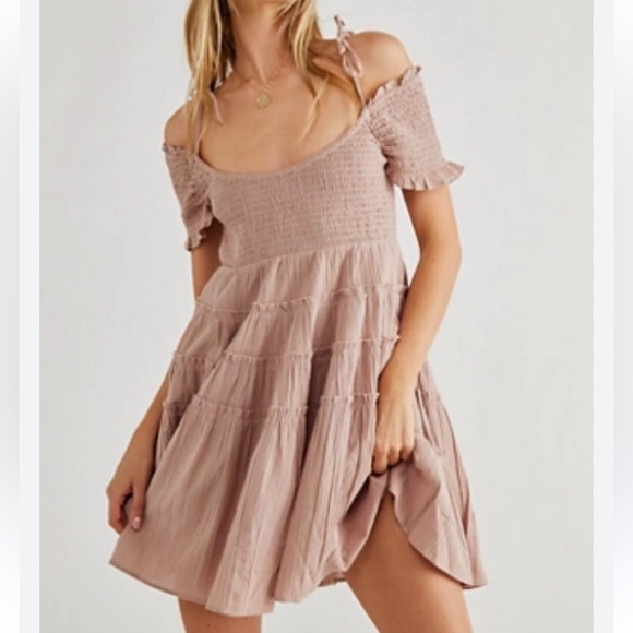 Free People Boho Mauve Off Shoulder Mini Dress- L - Picture 1 of 4